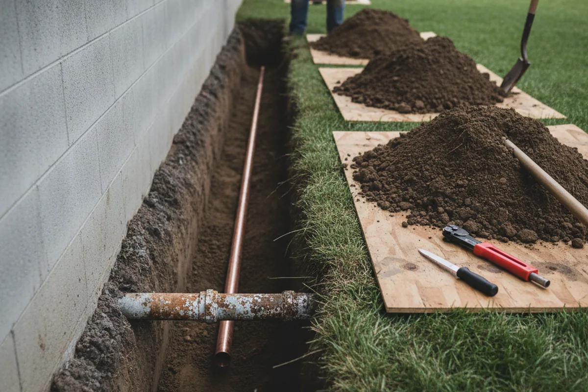 Excavated water line trench during Sewer Line Repair in Johnson Creek